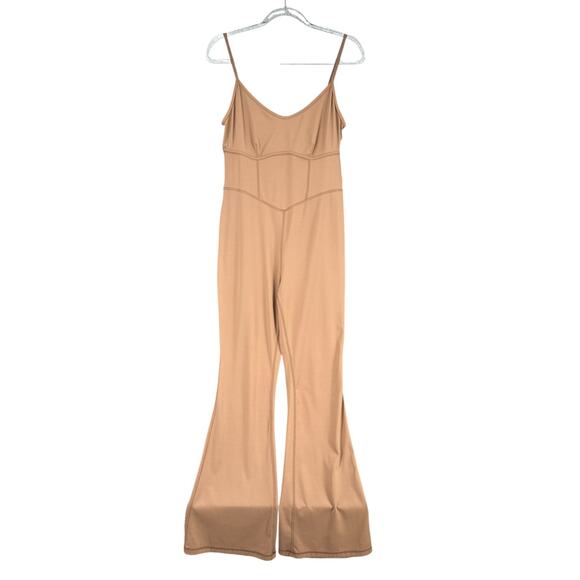 Joy Lab Tan Spaghetti Straps Flared Legs Trendy Bodysuit‎ Jumpsuit Size Large - Picture 1 of 6